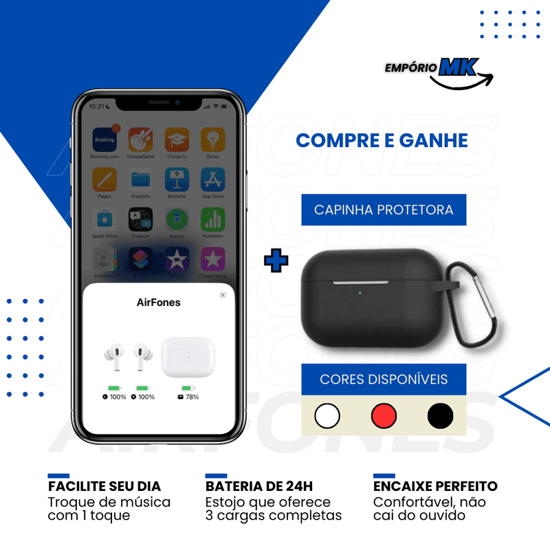 AirFones© - Fone Bluetooth com Bateria de 24 Horas de Duração [BRINDE EXCLUSIVO - CASE PROTETORA + FRETE 100% GRÁTIS] shopee